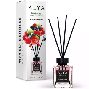 Alya „Miško Uogos“ namų kvapo difuzorius – saldus ir gaivus uogų aromatas. 100 ml talpa, ilgalaikis kvapas su mediniais pagaliukais.