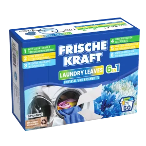Frische Kraft 6w1 Universal skalbimo lapeliai 50 vnt. – ekologiški, visiškai tirpstantys skalbimo lapeliai, skirti visų tipų audiniams
