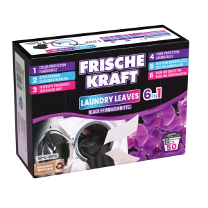 Frische Kraft 6w1 Black skalbimo lapeliai 50 vnt. – skirti juodiems ir tamsiems audiniams, ekologiški, visiškai tirpstantys vandenyje