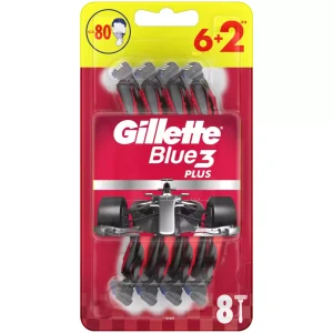 Gillette Blue3 Plus Red vienkartiniai skustuvai 6+2 vnt. – su 3 ašmenimis ir drėkinamąja juostele patogiam skutimuisi
