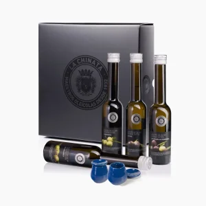 La Chinata degustacinis AOVE rinkinys – 4 rūšių alyvuogių aliejus, degustacinės taurės, prabangi verslo dovana gurmanams.