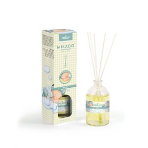 Namų kvapų difuzorius Mikado Baby 100 ml – Prady, švelnaus kūdikio kvapo aromatas, stiklinis buteliukas su lazdelėmis.