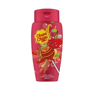 Vyšnių kvapo dušo ir vonios gelis Chupa Chups Cerise 300 ml, spalvingas buteliukas su logotipu.