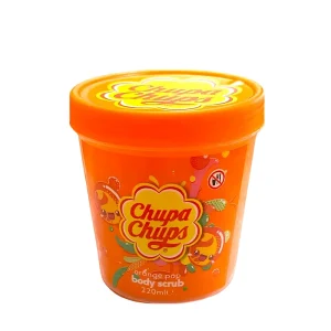 CHUPA CHUPS Orange Pop kūno šveitiklis 220 ml – apelsinų kvapo, oranžinis indelis, žaismingas dizainas.