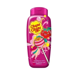 Braškių kvapo dušo ir vonios gelis Chupa Chups Fraise 300 ml, ryškiai raudonas buteliukas su braškių iliustracijomis.