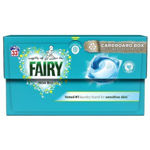 Fairy Non Bio skalbimo kapsulės 33 skalbimams – jautriai odai, švelnios ir veiksmingos net šaltame vandenyje.