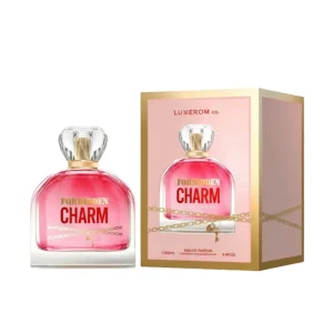 Moteriški kvepalai LUXEROM CO. FORBIDDEN CHARM Eau de Parfum 100 ml rausvame ir auksiniame buteliuke.