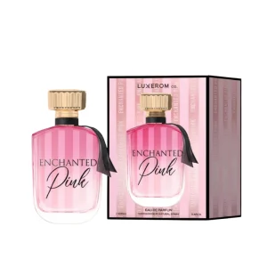 Moteriški kvepalai LUXEROM ROSE ENCHANTÉE Eau de Parfum 100 ml rausvo ir auksinio dizaino buteliuke.