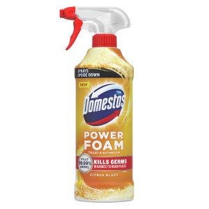 Domestos Power Foam Citrus Blast putų valiklis 450 ml vonios ir tualeto paviršių higienai.