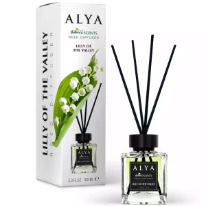 Alya „Lily of the Valley“ namų kvapų difuzorius 100 ml – pakalnučių aromatas su rotango lazdelėmis.