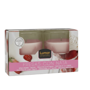 Dviejų kvapiųjų žvakių rinkinys stiklo induose, braškių su plakta grietinėle kvapas.