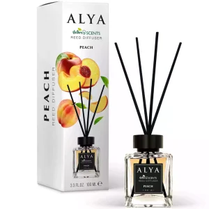 Alya „Peach“ namų kvapų difuzorius 100 ml – sultingas persikų kvapas su rotango lazdelėmis.