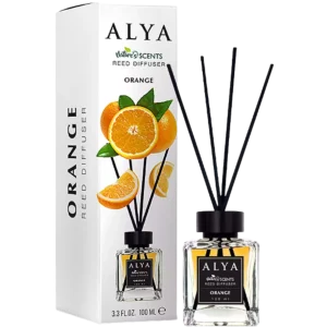 Alya „Orange“ namų kvapų difuzorius 100 ml – citrusų kvapas su ratanų lazdelėmis.