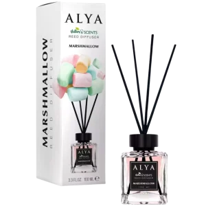 Alya „Marshmallow“ namų kvapų difuzorius 100 ml – saldus zefyrų aromatas, dekoratyvus buteliukas su lazdelėmis.