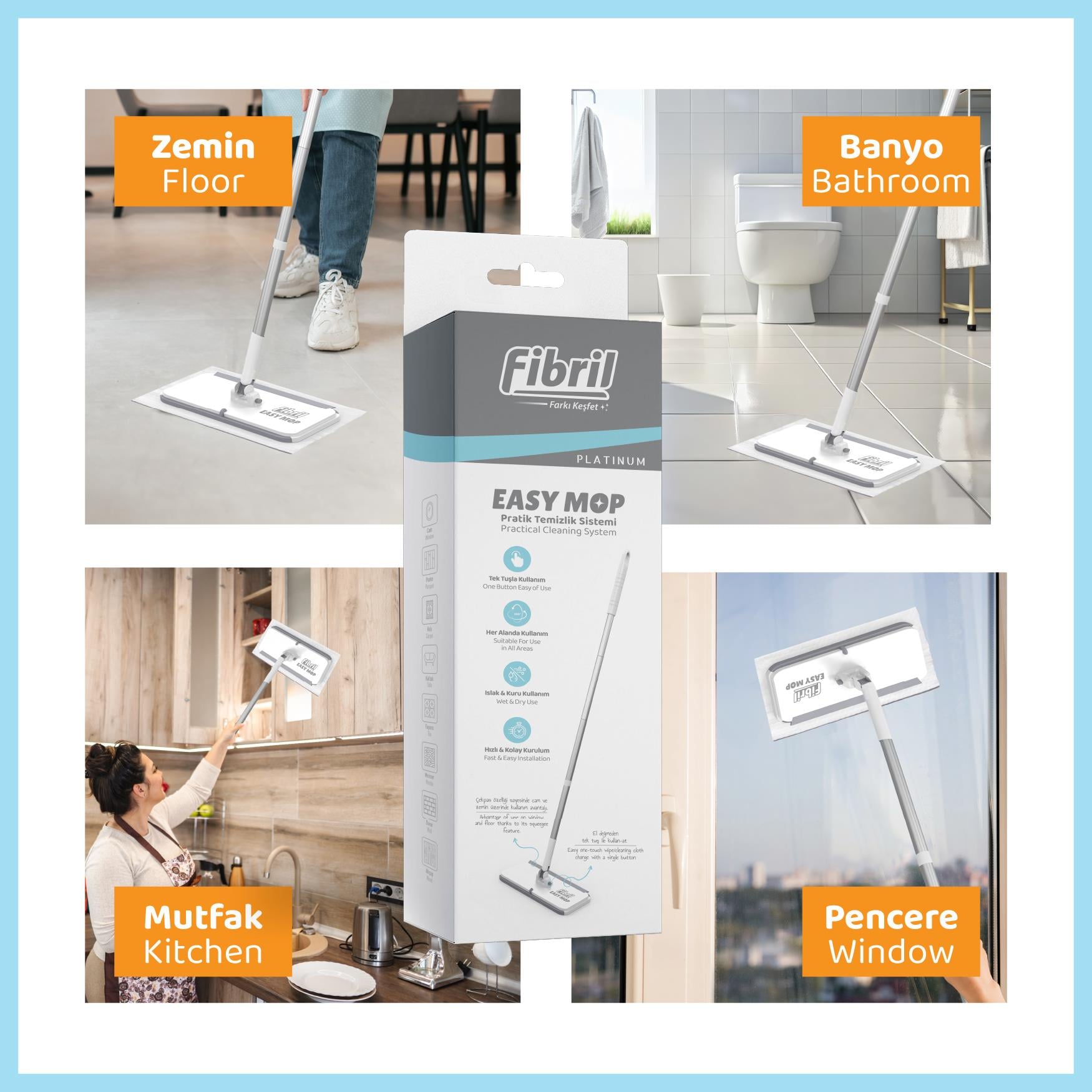 Fibril Easy Mop grindų valymo sistema su drėgnomis servetėlėmis - Image 2